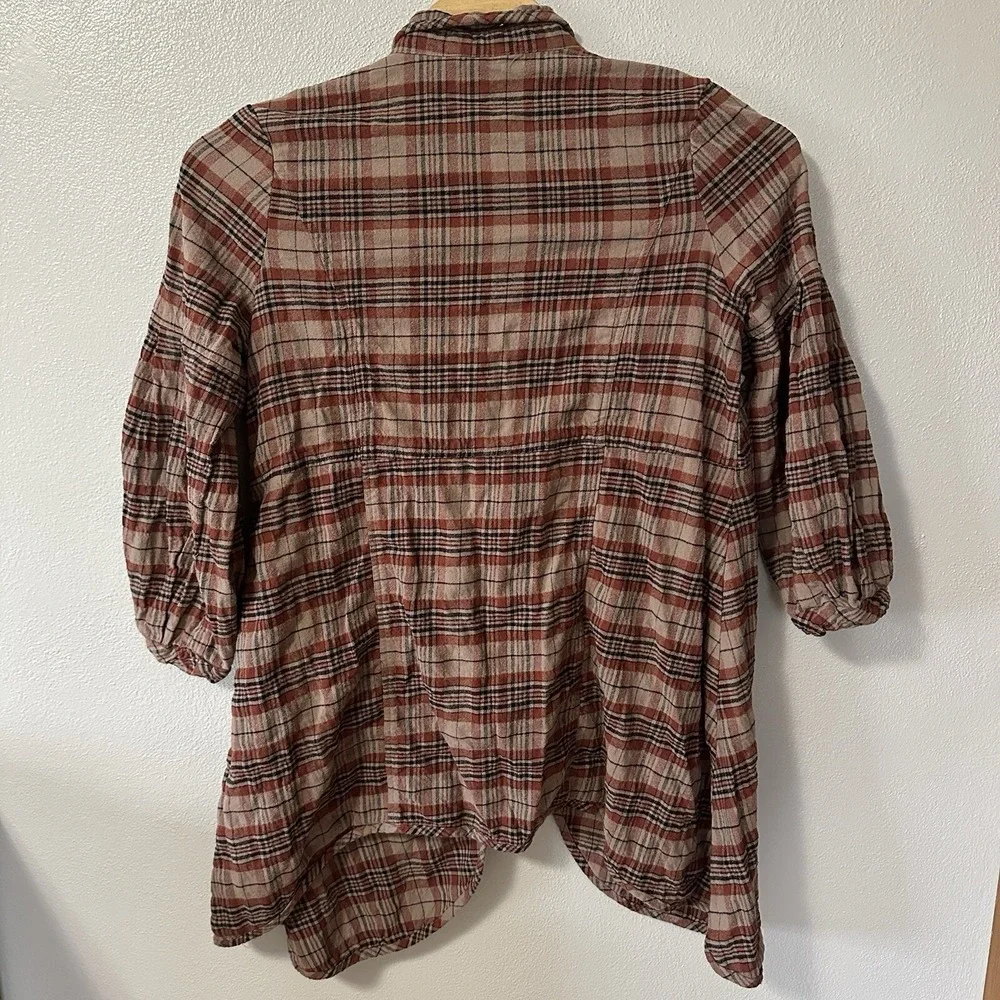 Free‎ People Victorian Plaid Jacket Size Medium Red Brown Oversized